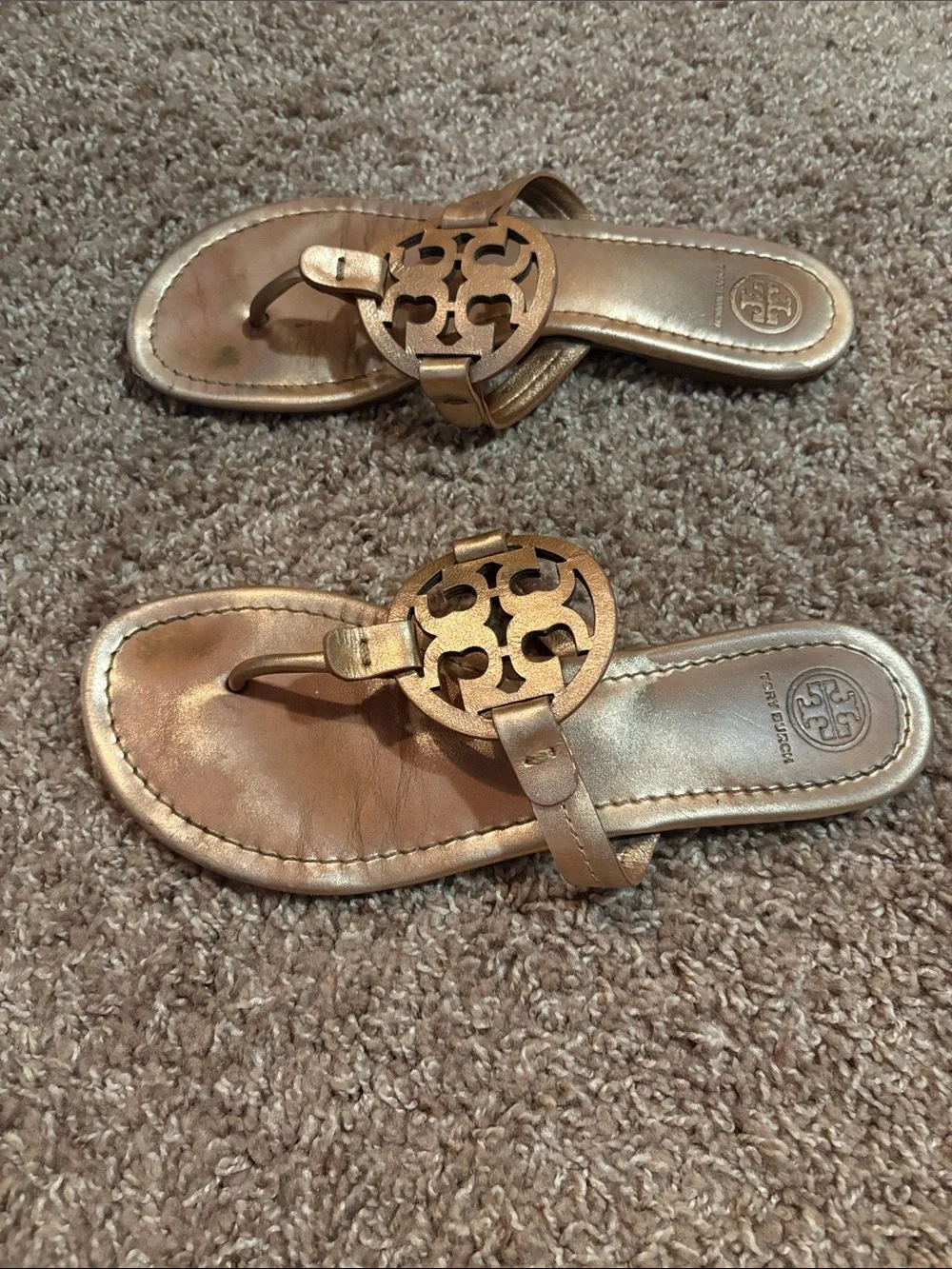 Tory Burch Miller Metallic Rose Gold Logo Thong Sandals